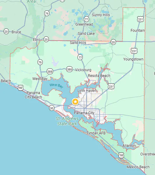 Bay County and regional access map showing U.S. Highway 98, U.S. Highway 231, State Roads 77 and 79, Panama City, Panama City Beach, Lynn Haven, Tyndall Air Force Base, and Northwest Florida Beaches International Airport