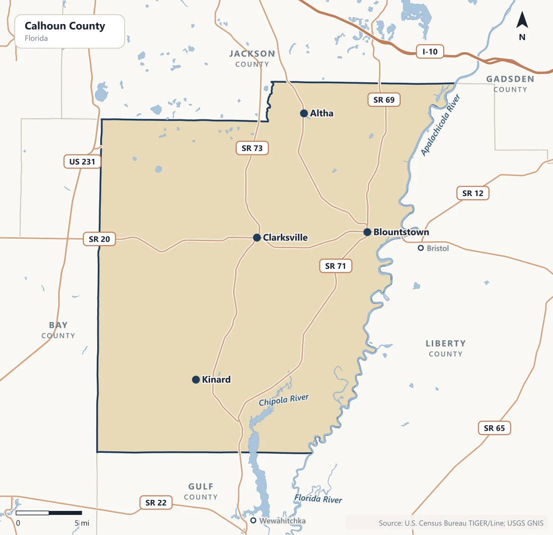 Map of Calhoun County, Florida, with Blountstown, Altha, Clarksville and Kinard, State Roads 20, 71 and 73, the Apalachicola and Chipola rivers, and neighboring counties
