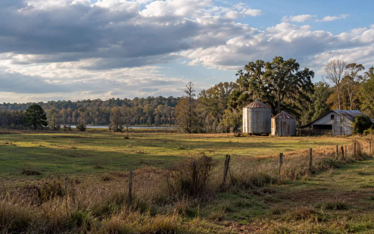 Pasture with weathered metal grain silos and a barn, a river and tree line beyond