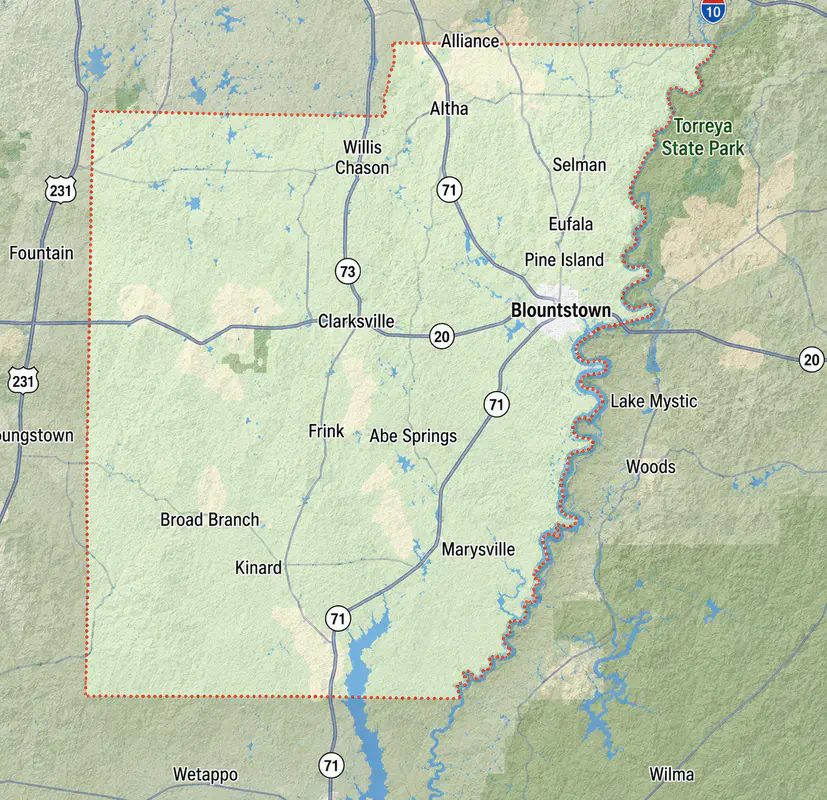 Calhoun County and regional access map showing Blountstown, the Apalachicola River corridor, nearby counties, and main travel routes through the North Florida Panhandle