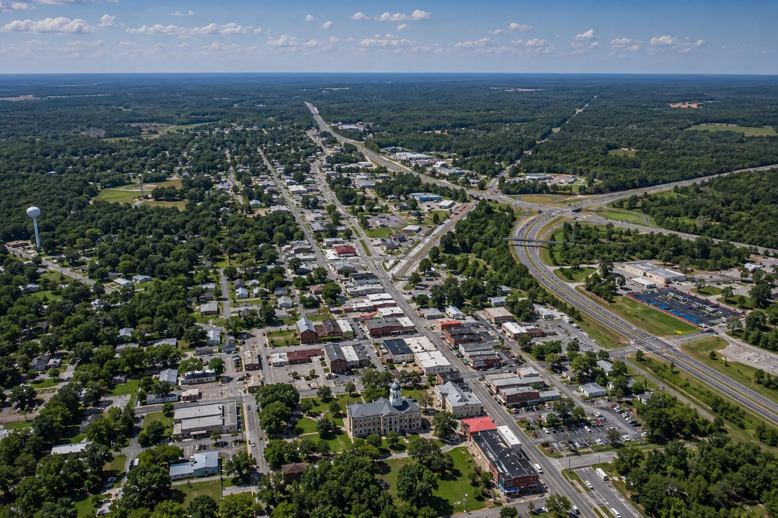 Aerial view of downtown Chipley Florida and surrounding North Florida Panhandle landscape