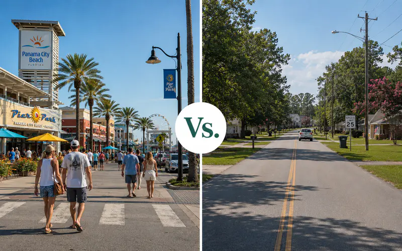 Panama City Beach tourism area compared with quieter inland residential community in the Florida Panhandle