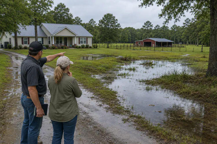 Buyer evaluating standing water and drainage issues near a rural North Florida home and acreage property after rainfall