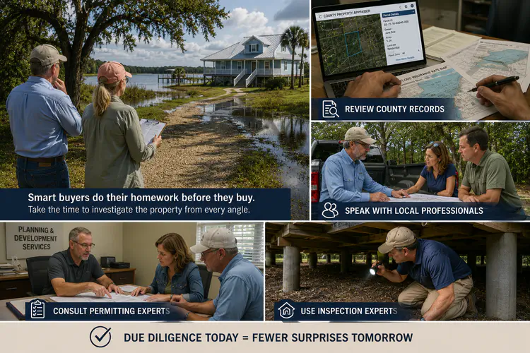 Buyer reviewing property conditions, county records, local experts, permitting requirements, and inspections before purchasing rural property in North Florida