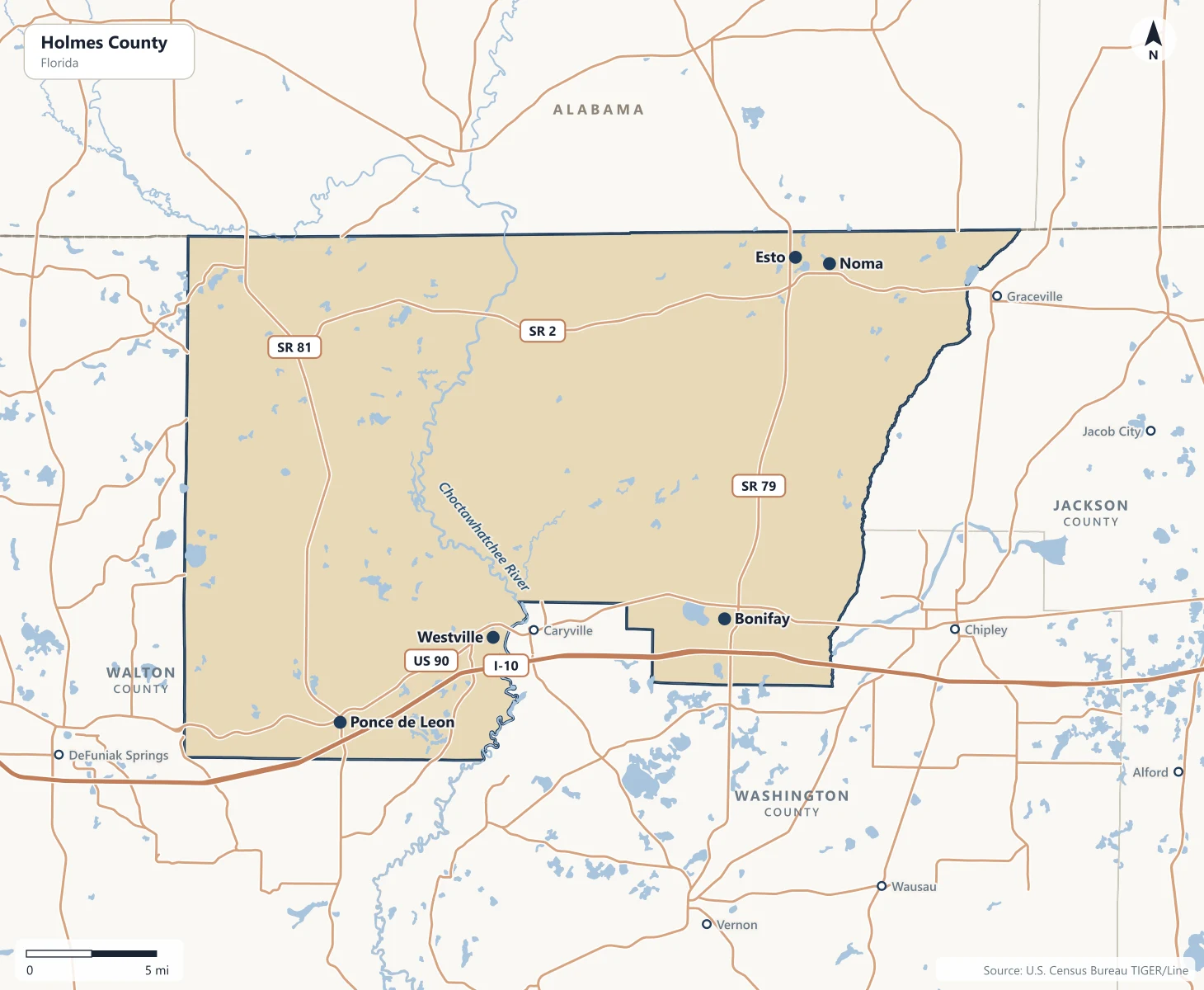 Map of Holmes County, Florida, at the Alabama state line, with Bonifay, Esto, Noma, Ponce de Leon and Westville, I-10, US 90, State Roads 2, 79 and 81, and the Choctawhatchee River