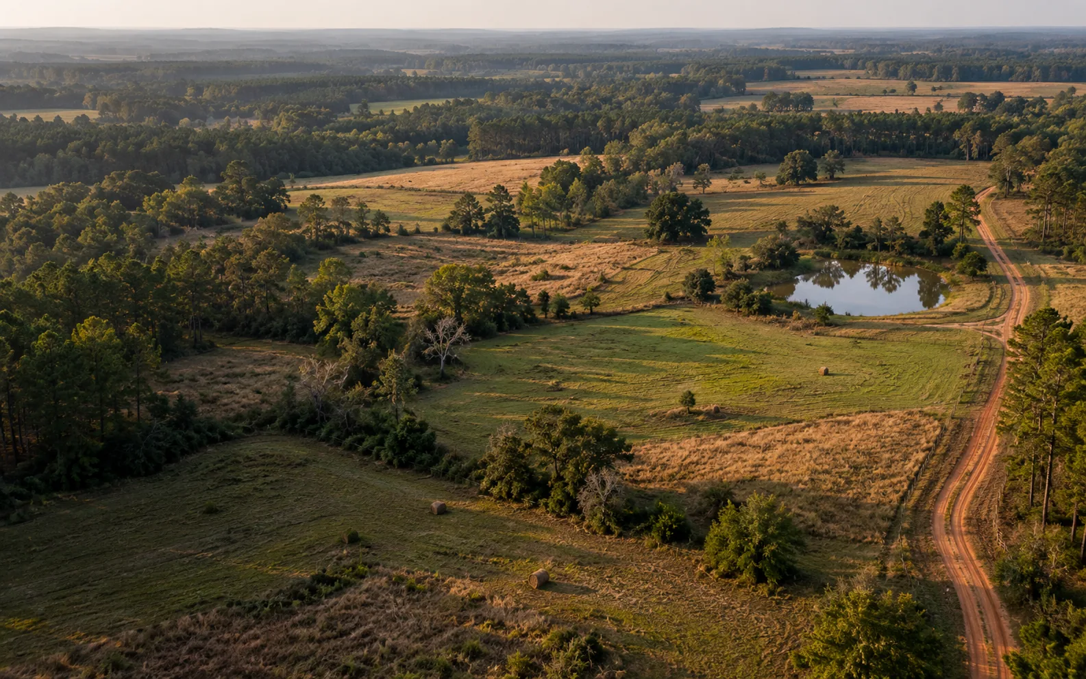 Aerial view of rolling pasture, hay bales, a farm pond and a red-clay road through pine woods