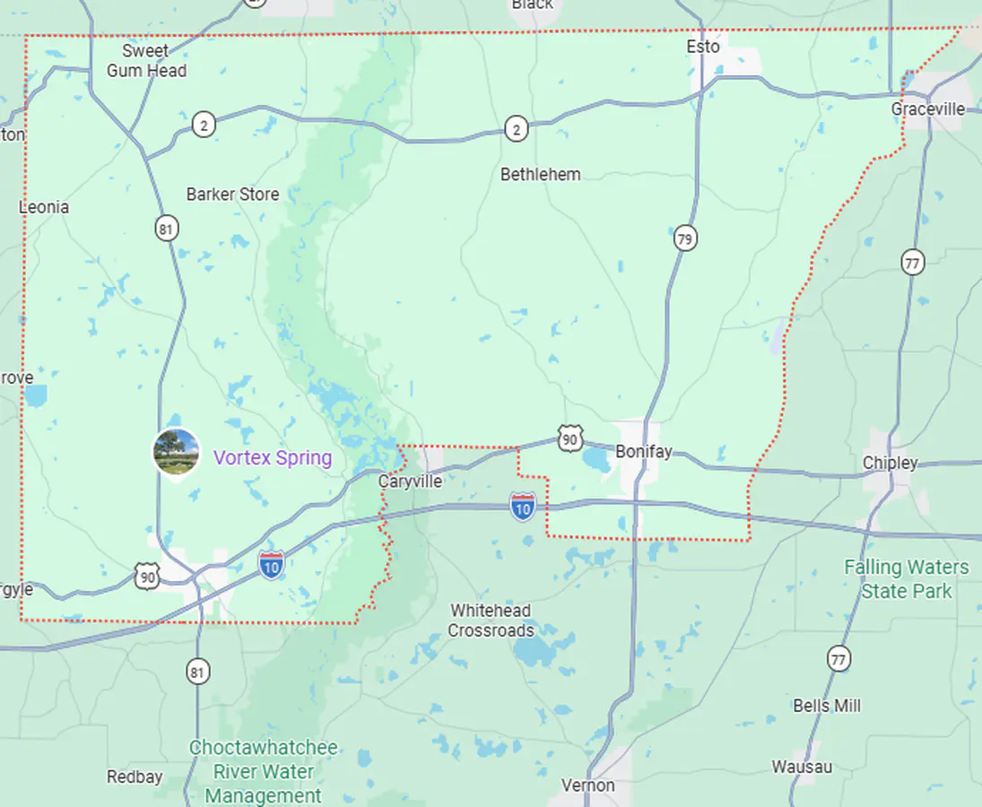 Holmes County and regional access map showing U.S. Highway 90, Interstate 10 through southern Bonifay, Chipley, Marianna, DeFuniak Springs, and the Alabama border