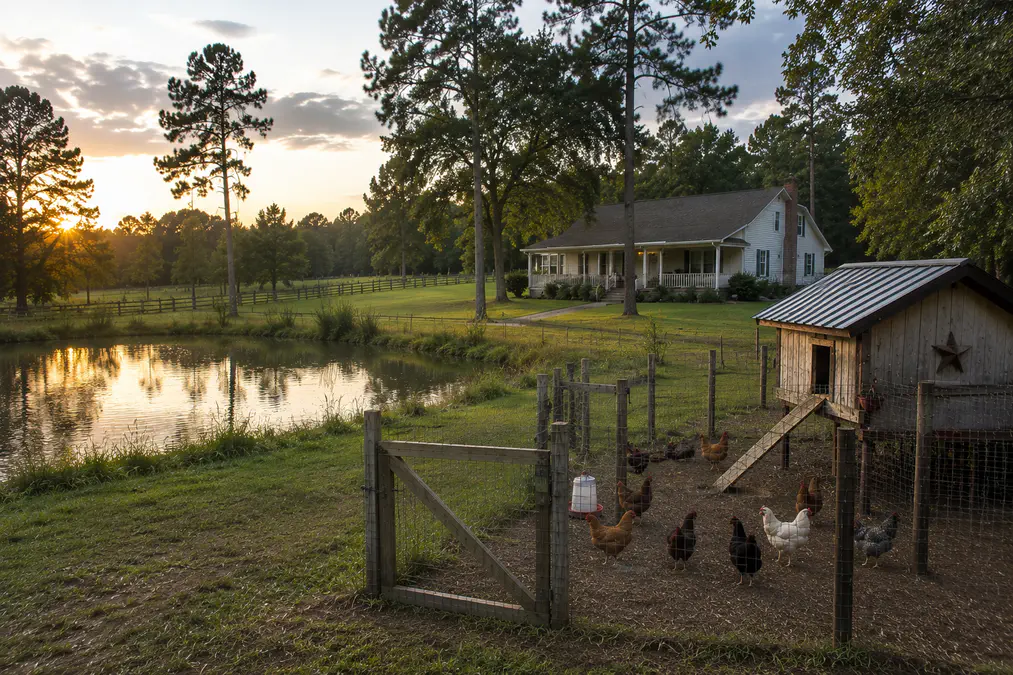Quiet inland North Florida rural residential setting with modest homes, trees, and open yard space