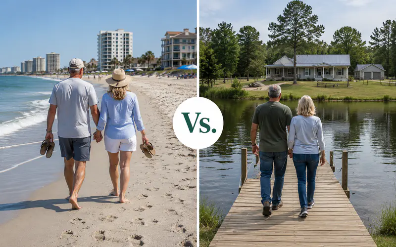 Couple walking along a Florida Panhandle beach compared with couple walking toward a rural pond dock in inland North Florida