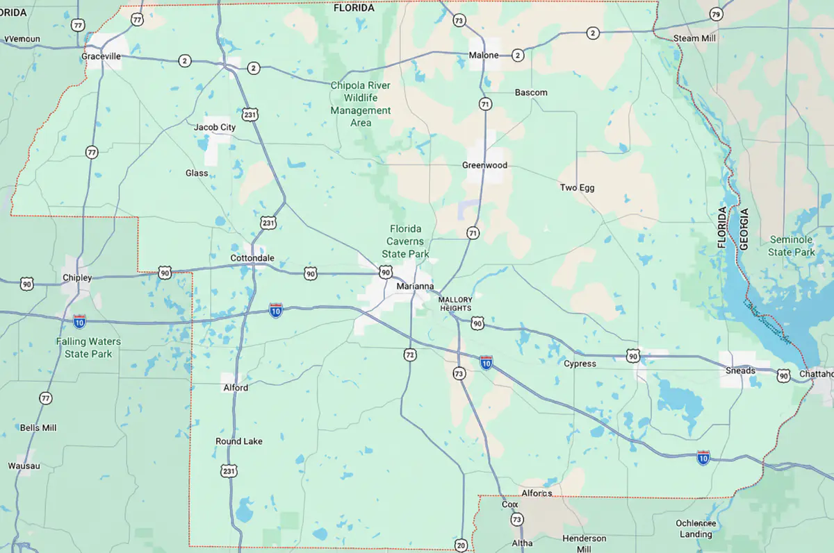 Jackson County and regional access map showing Interstate 10, U.S. Highway 231, Marianna, Graceville, and connections to Panama City and Tallahassee
