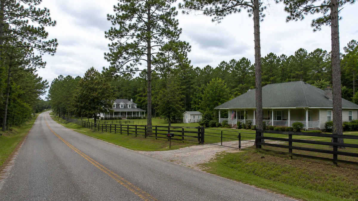 Rural North Florida Panhandle home setting with pine trees, open land, and a quiet local road