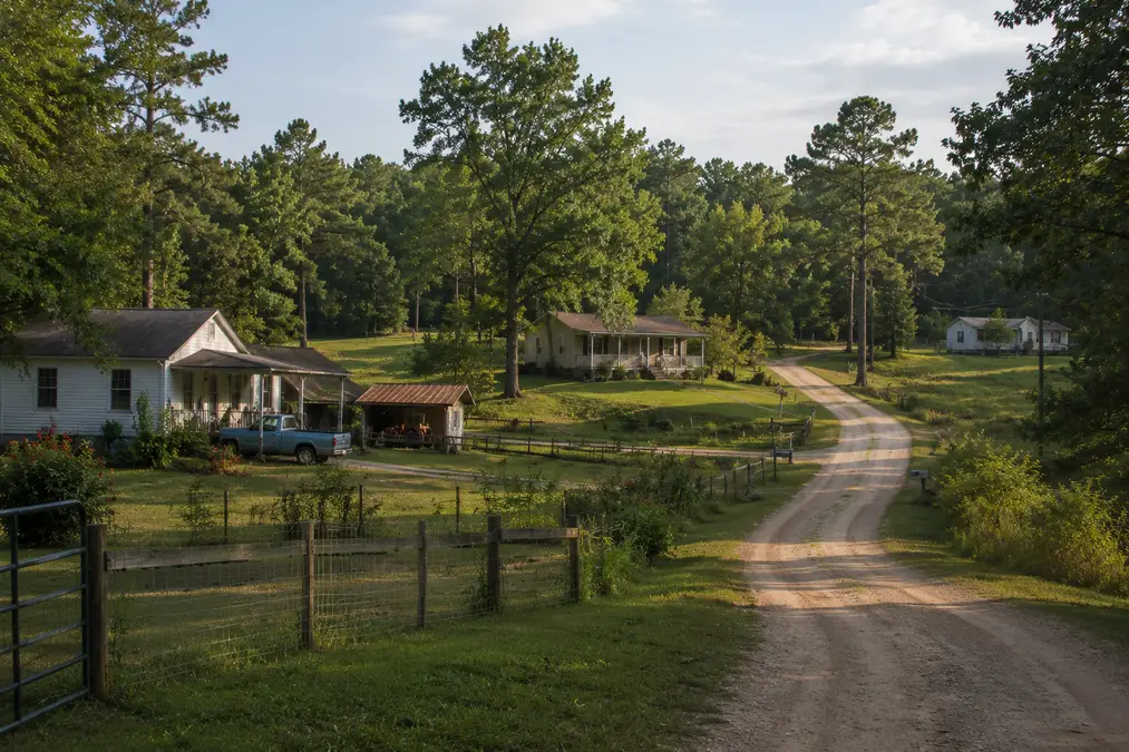 Rural North Florida neighborhood with modest homes, acreage lots, fencing, and quiet country road