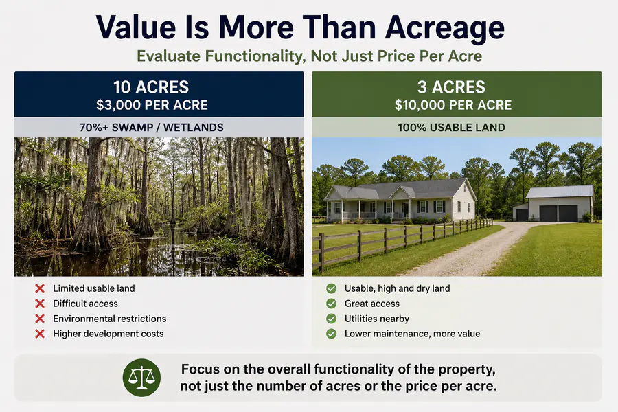 Comparison infographic showing swamp acreage versus usable rural property with a home and outbuilding in North Florida