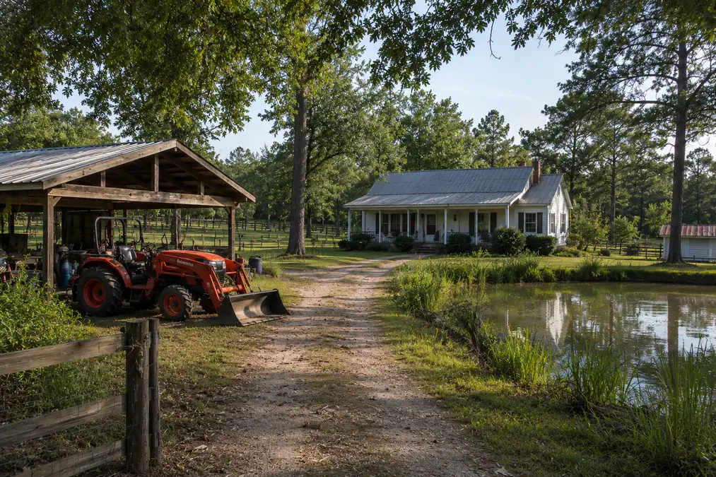 Small town North Florida Panhandle street with local services, mature trees, and practical daily access