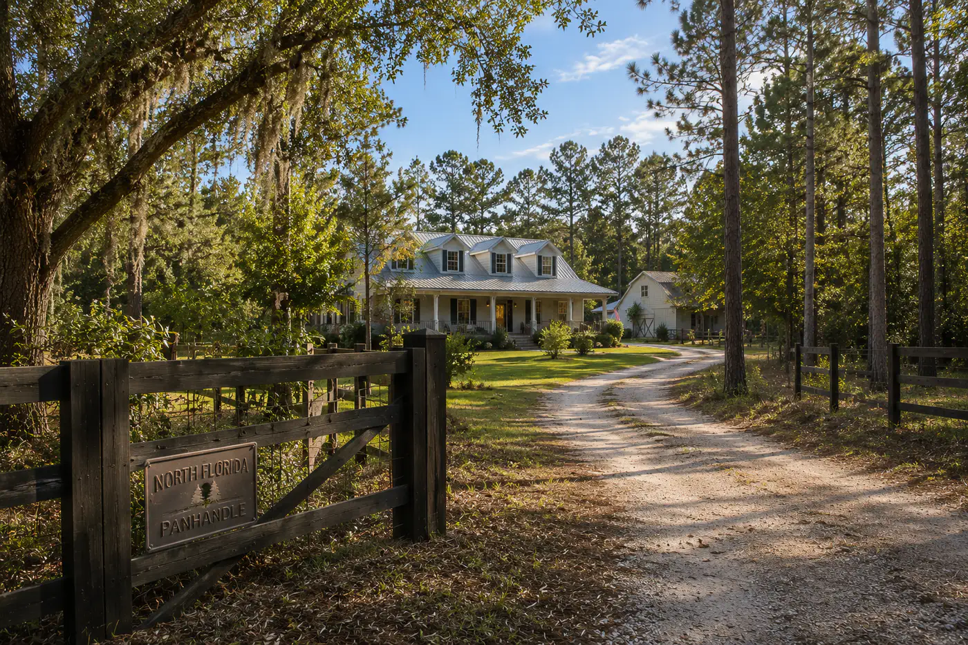 Rural Washington County Florida acreage with pasture, fencing, pine trees, and road access