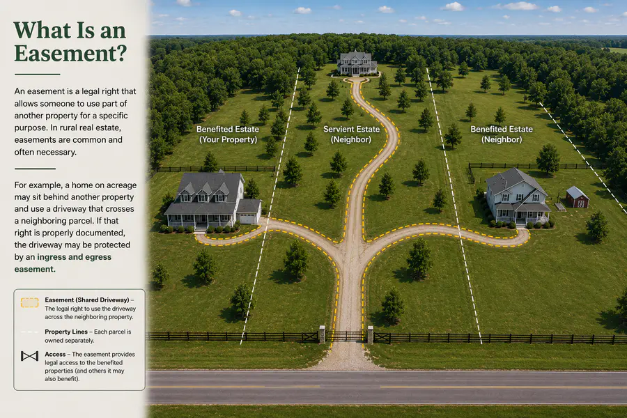Rural North Florida easement driveway with private access, fencing, and acreage