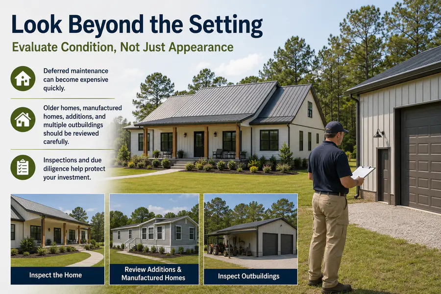 Inspector reviewing a rural North Florida home and outbuildings on acreage during property due diligence and inspection
