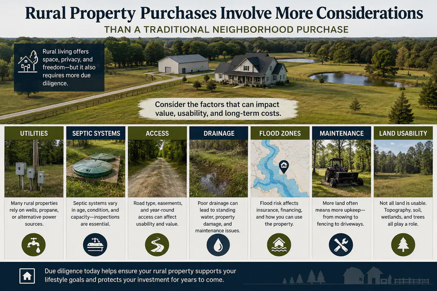 Infographic showing important rural property considerations in North Florida including utilities, septic systems, drainage, flood zones, land usability, and property access