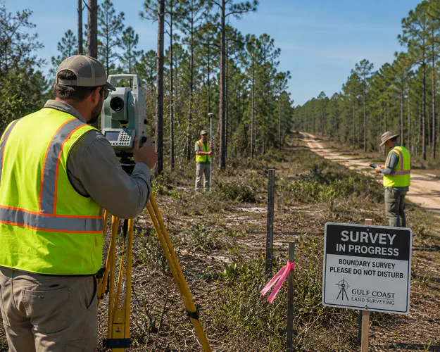 Survey crew performing a boundary survey on rural property in the Florida Panhandle