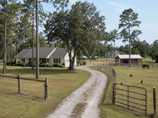 Rural residential property in North Florida with a home acreage pasture animals fencing and mailbox access road