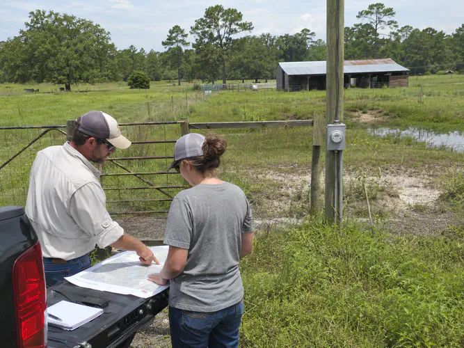 Buyer and real estate professional reviewing maps beside a rural North Florida property with fencing utilities pasture and drainage conditions