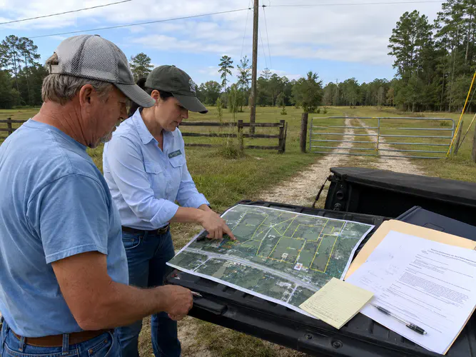 Buyer and real estate professional reviewing property boundaries subdivision documents road frontage and land access on rural North Florida acreage