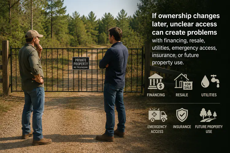 Two men standing at a locked rural property gate discussing legal access and easement concerns in North Florida