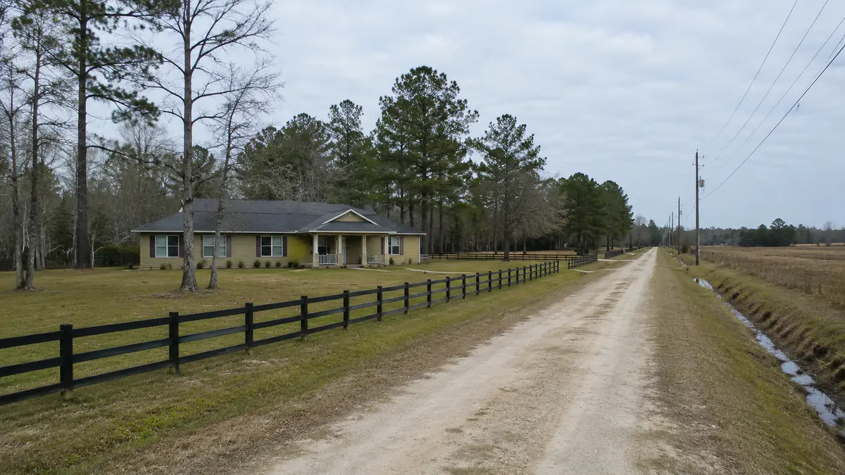 Rural North Florida property with utility poles, open land, trees, and a modest country home