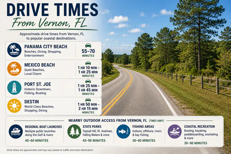 Driving times from inland North Florida to Panama City Beach, Mexico Beach, Port St Joe, Destin, and regional coastal recreation areas
