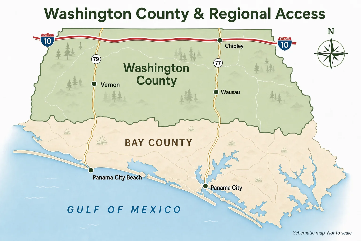 Washington County and regional access map showing Interstate 10, State Roads 77 and 79, Chipley, Vernon, Panama City, and Panama City Beach
