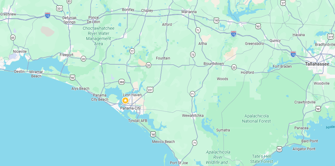 Map of the Florida panhandle showing Tyndall AFB and surrounding counties